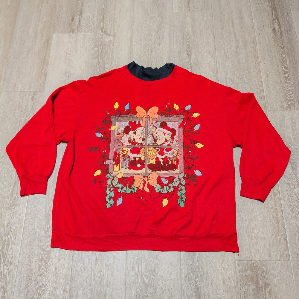 Vintage Disney Mickey Minnie Christmas Sweatshirt Red Pullover 2XL Light Soft